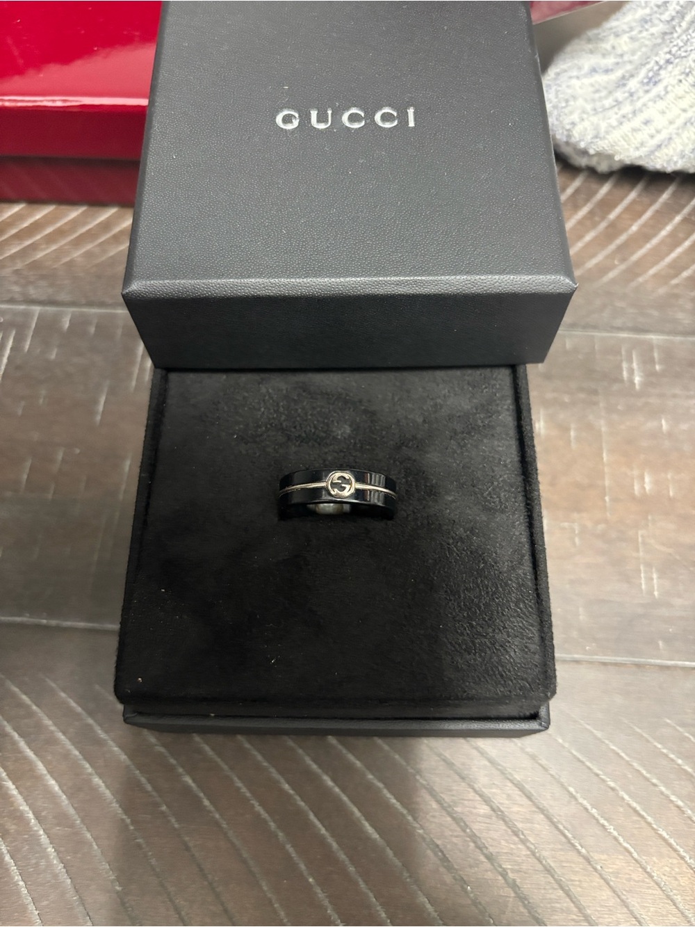 Gucci Black Ceramic Ring with Gold Double G Accent